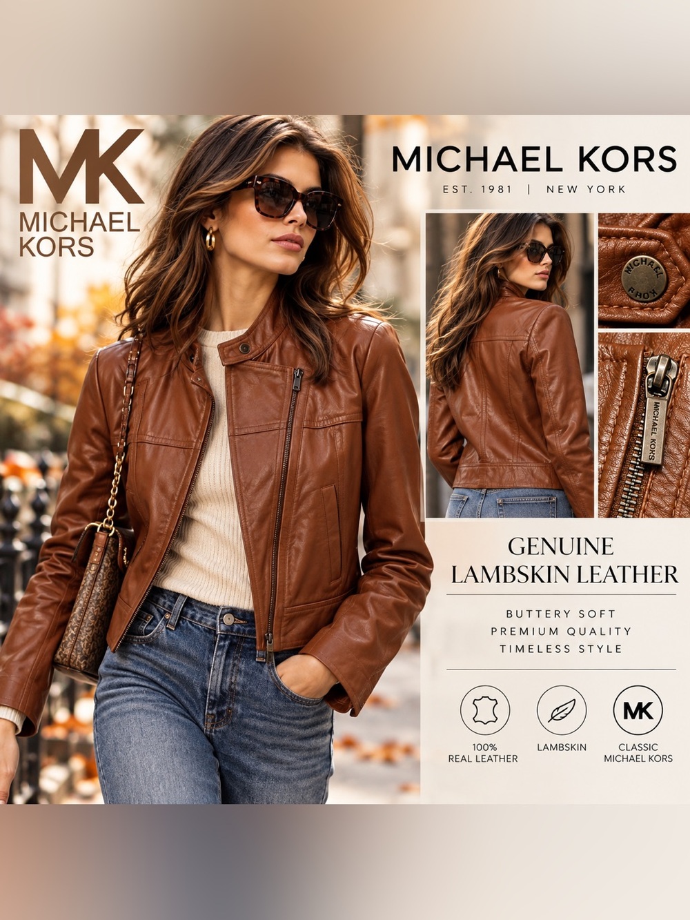 MICHAEL Michael Kors 100% Lambskin Leather Moto Jacket Cognac Brown XL